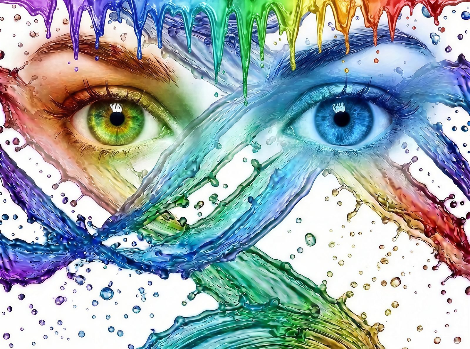 Artwork by Rob: a pair of eyes under a rainbow sound wave, among liquid rainbow waves