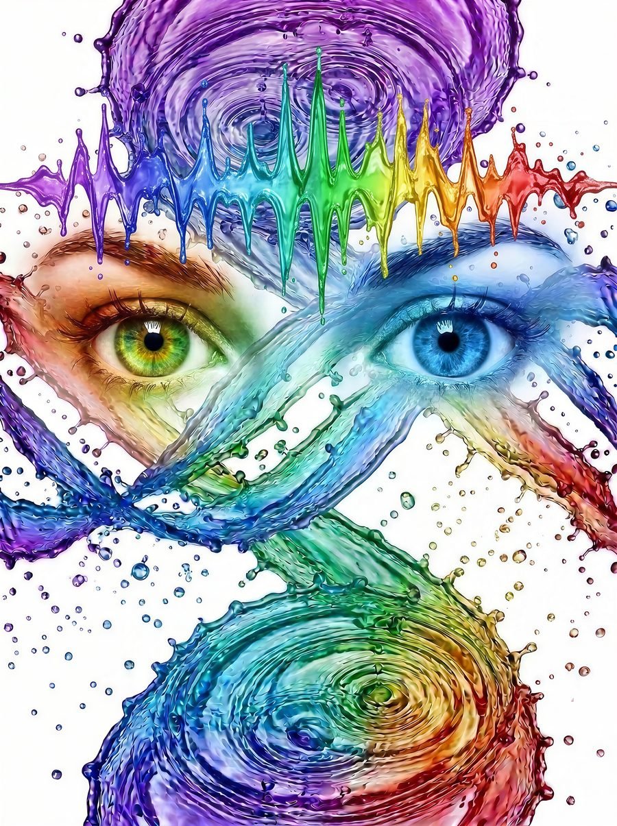 Rob’s artwork: a pair of eyes under a rainbow sound wave, among swirls of liquid rainbow